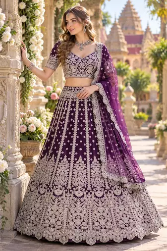 Purple Net Semi Stitched Lehenga Choli with Embroidery & Sequence Work