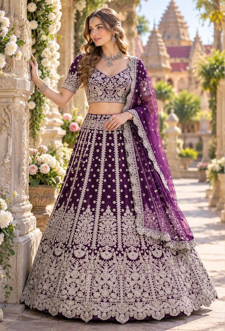Purple Net Semi Stitched Lehenga Choli with Embroidery & Sequence Work
