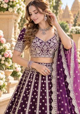 Purple Net Semi Stitched Lehenga Choli with Embroidery & Sequence Work 2