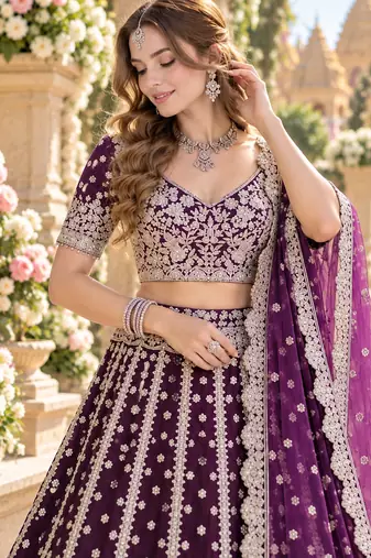 Purple Net Semi Stitched Lehenga Choli with Embroidery & Sequence Work