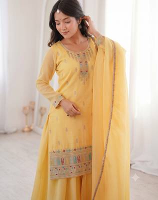 Yellow embroidered kurta with sharara & dupatta set 2