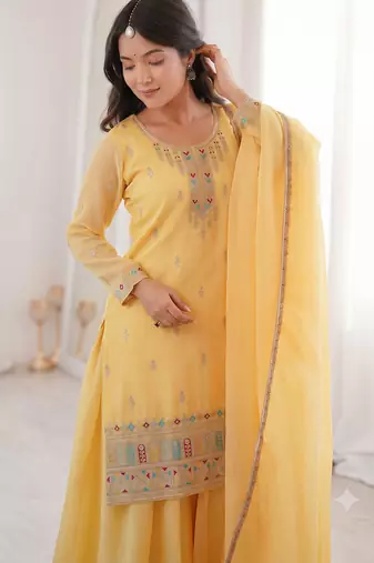Yellow embroidered kurta with sharara & dupatta set