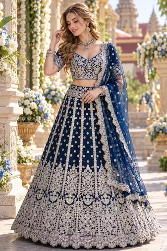 Teal Net Semi Stitched Lehenga Choli with Embroidery & Sequence Work