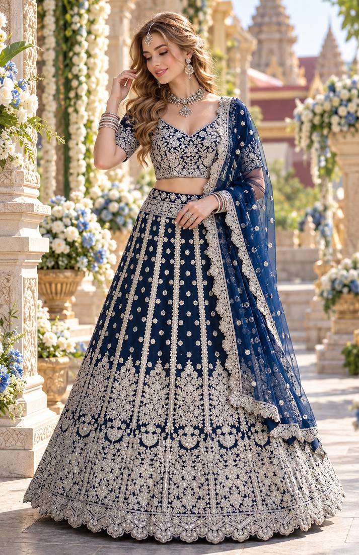 Teal Net Semi Stitched Lehenga Choli with Embroidery & Sequence Work