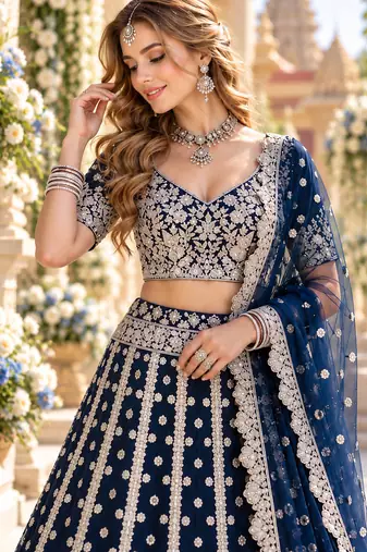 Teal Net Semi Stitched Lehenga Choli with Embroidery & Sequence Work