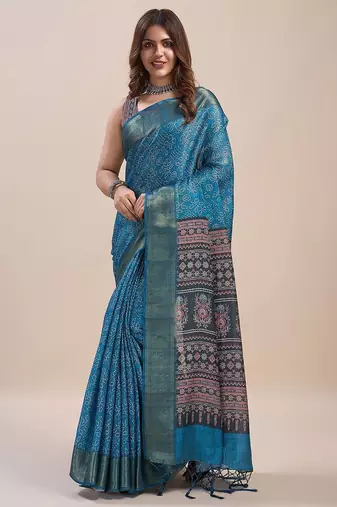 blue bandhani printed zari saree