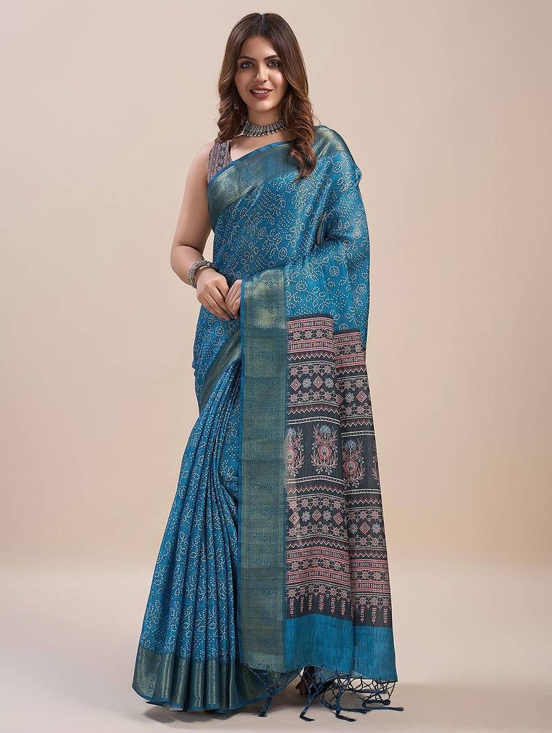 blue bandhani printed zari saree