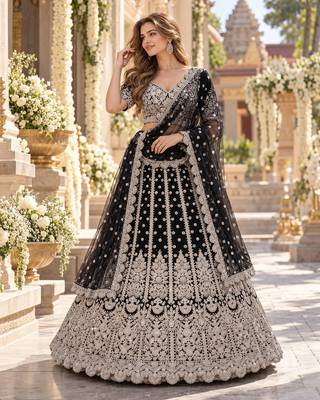 Black Net Semi Stitched Lehenga Choli with Embroidery & Sequence Work 1