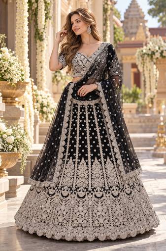 Black Net Semi Stitched Lehenga Choli with Embroidery & Sequence Work