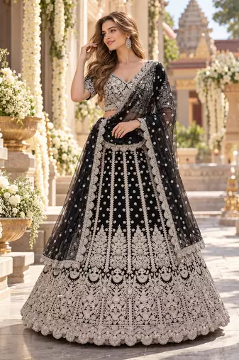 Black Net Semi Stitched Lehenga Choli with Embroidery & Sequence Work