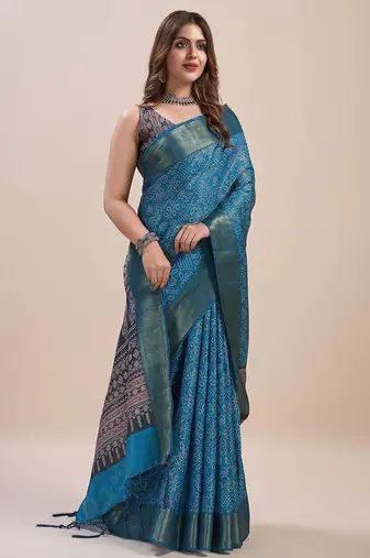 blue bandhani printed zari saree