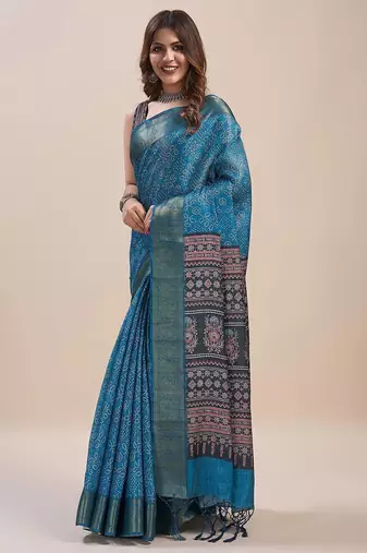 blue bandhani printed zari saree