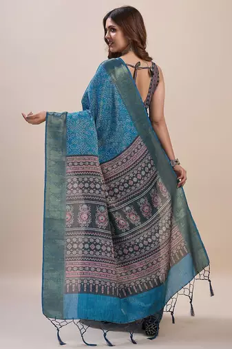 blue bandhani printed zari saree