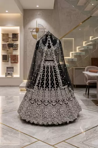Black Net Semi Stitched Lehenga Choli with Embroidery & Sequence Work