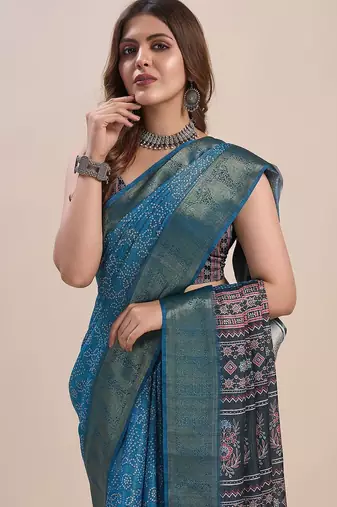 blue bandhani printed zari saree