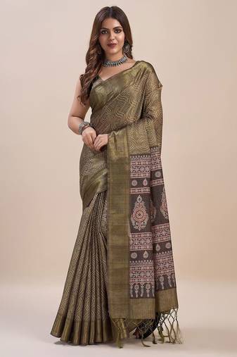 green bandhani printed zari saree