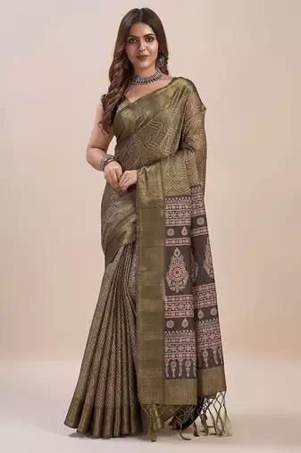 green bandhani printed zari saree