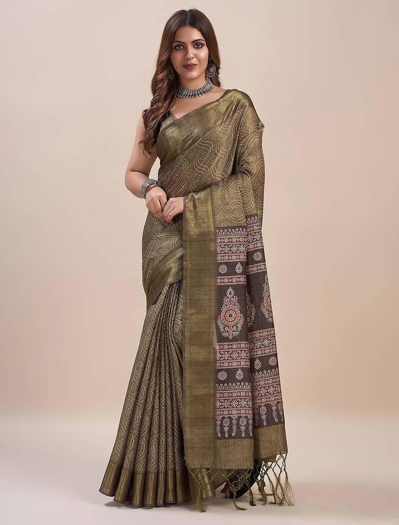 green bandhani printed zari saree