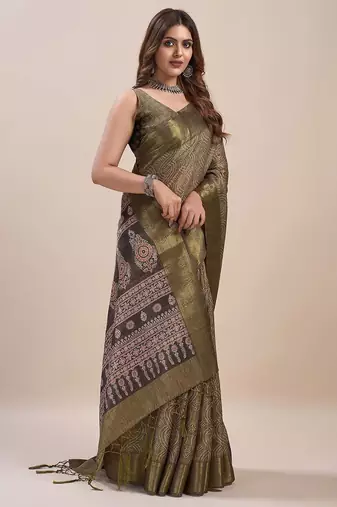 green bandhani printed zari saree