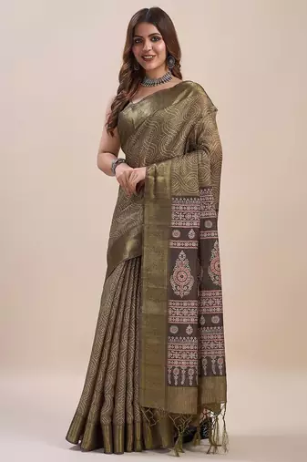 green bandhani printed zari saree