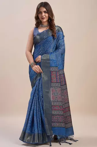 blue bandhani zari saree