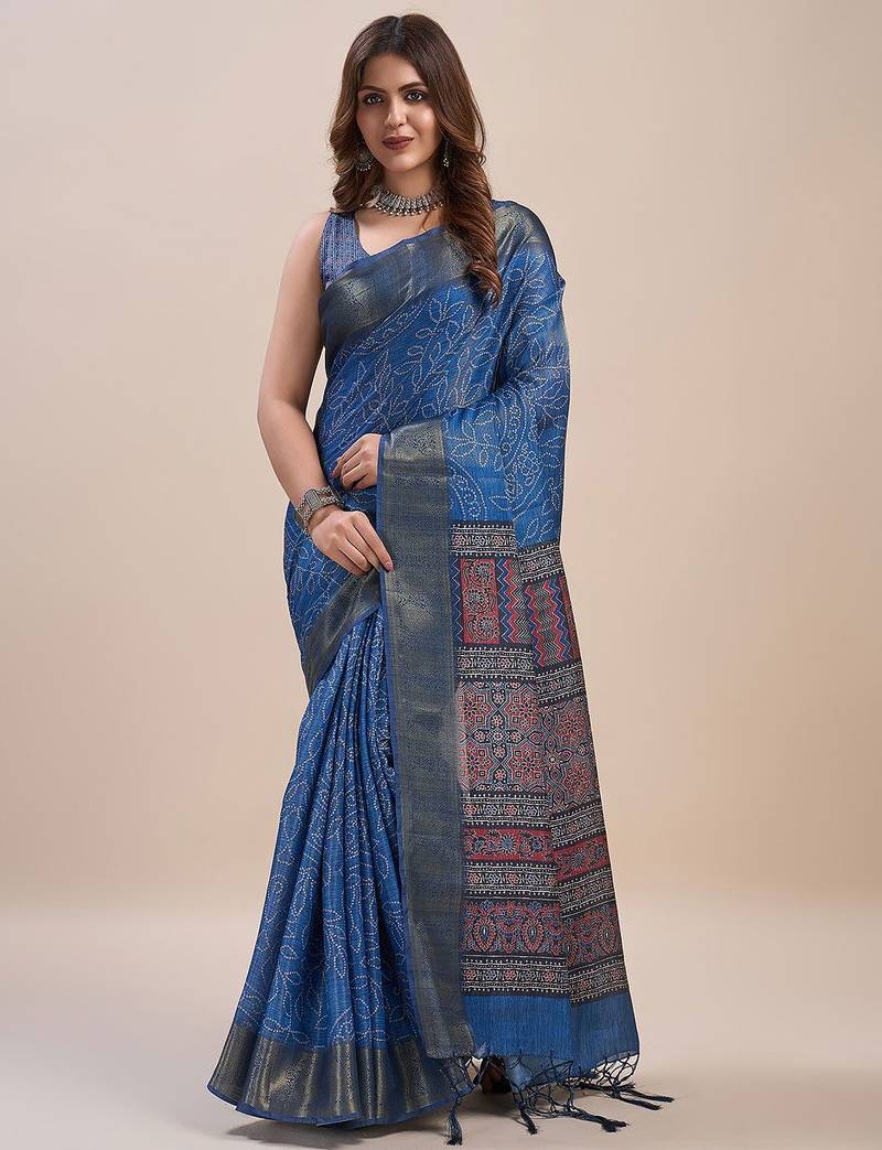 blue bandhani zari saree