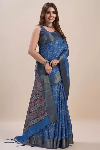 blue bandhani zari saree
