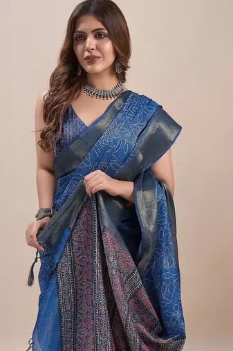 blue bandhani zari saree