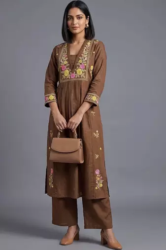 women three-quarter sleeves floral empire thread work kurta with palazzos