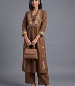 women three-quarter sleeves floral empire thread work kurta with palazzos