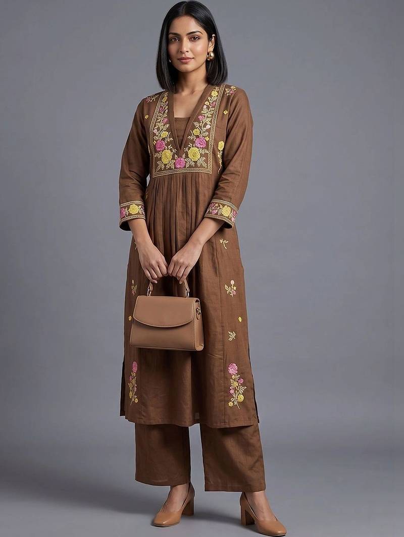 women three-quarter sleeves floral empire thread work kurta with palazzos