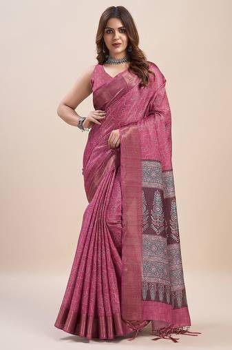 pink bandhani printed zari saree