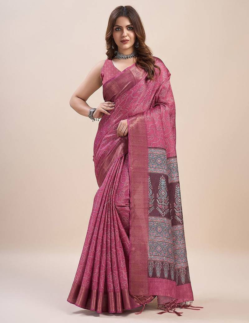 pink bandhani printed zari saree