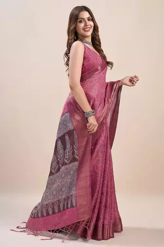 pink bandhani printed zari saree