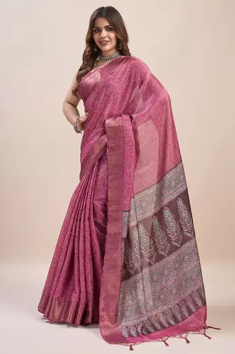pink bandhani printed zari saree