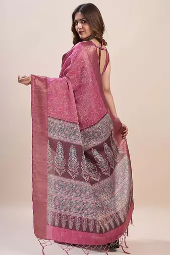pink bandhani printed zari saree