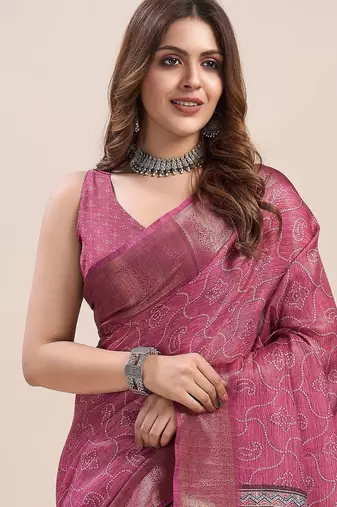 pink bandhani printed zari saree