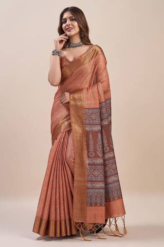 peach bandhani printed zari saree