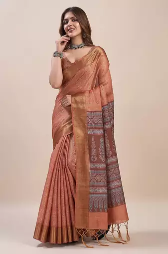 peach bandhani printed zari saree