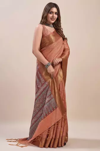 peach bandhani printed zari saree