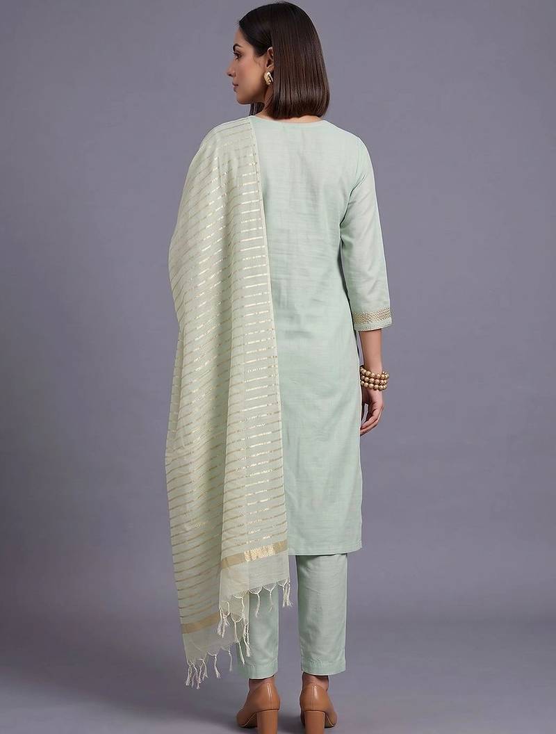 women ethnic motifs embroidered regular thread work kurta with trousers & with dupatta