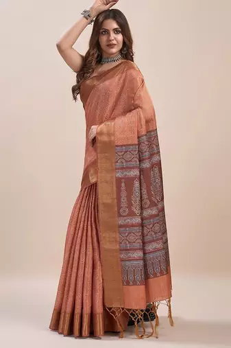 peach bandhani printed zari saree