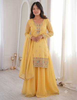 Yellow embroidered kurta with sharara & dupatta set 3
