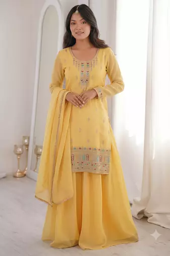 Yellow embroidered kurta with sharara & dupatta set