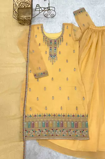 Yellow embroidered kurta with sharara & dupatta set