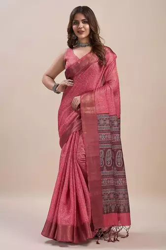 peach bandhani printed zari saree