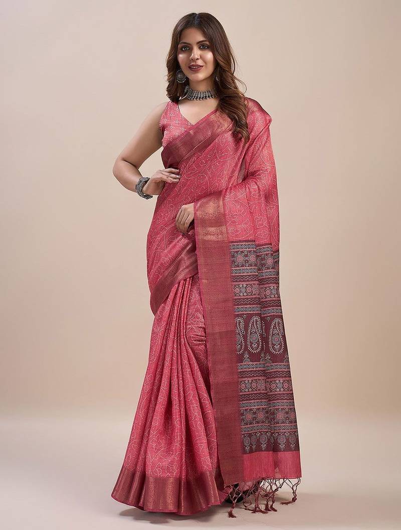 peach bandhani printed zari saree
