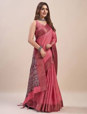 peach bandhani printed zari saree 2