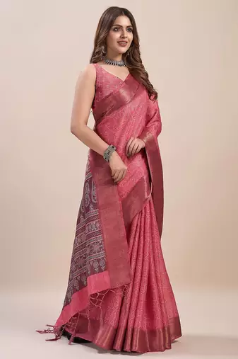peach bandhani printed zari saree