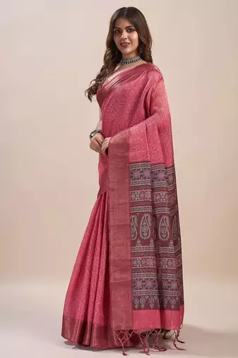 peach bandhani printed zari saree